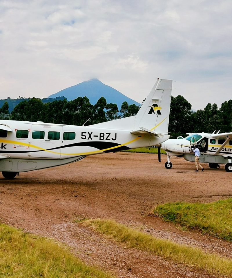 Two small AeroLink airplanes are parked on a dirt airstrip, ready for a 3 Days Bwindi Gorilla Habituation Fly in Experience, with trees and a mountain visible in the background under a cloudy sky.